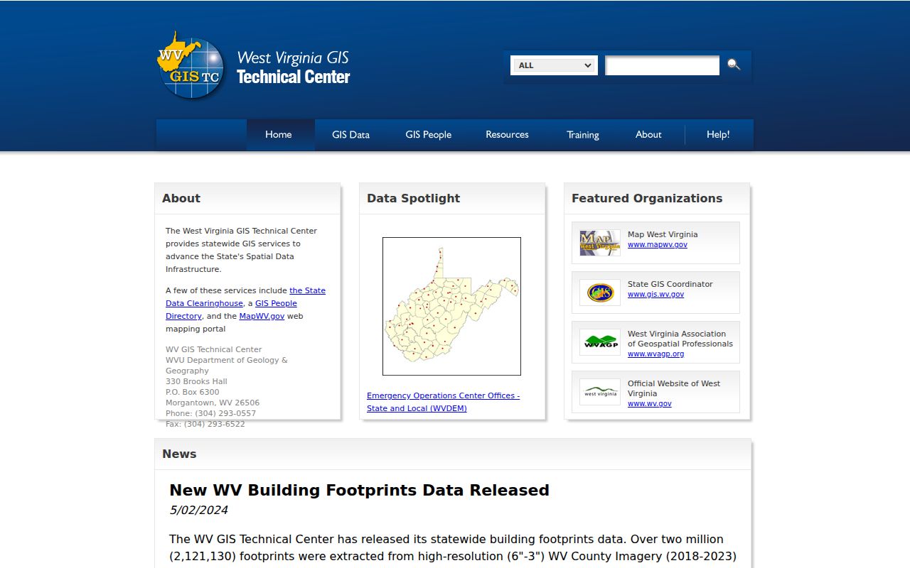 West Virginia GIS Clearinghouse page for statewide geospatial datasets