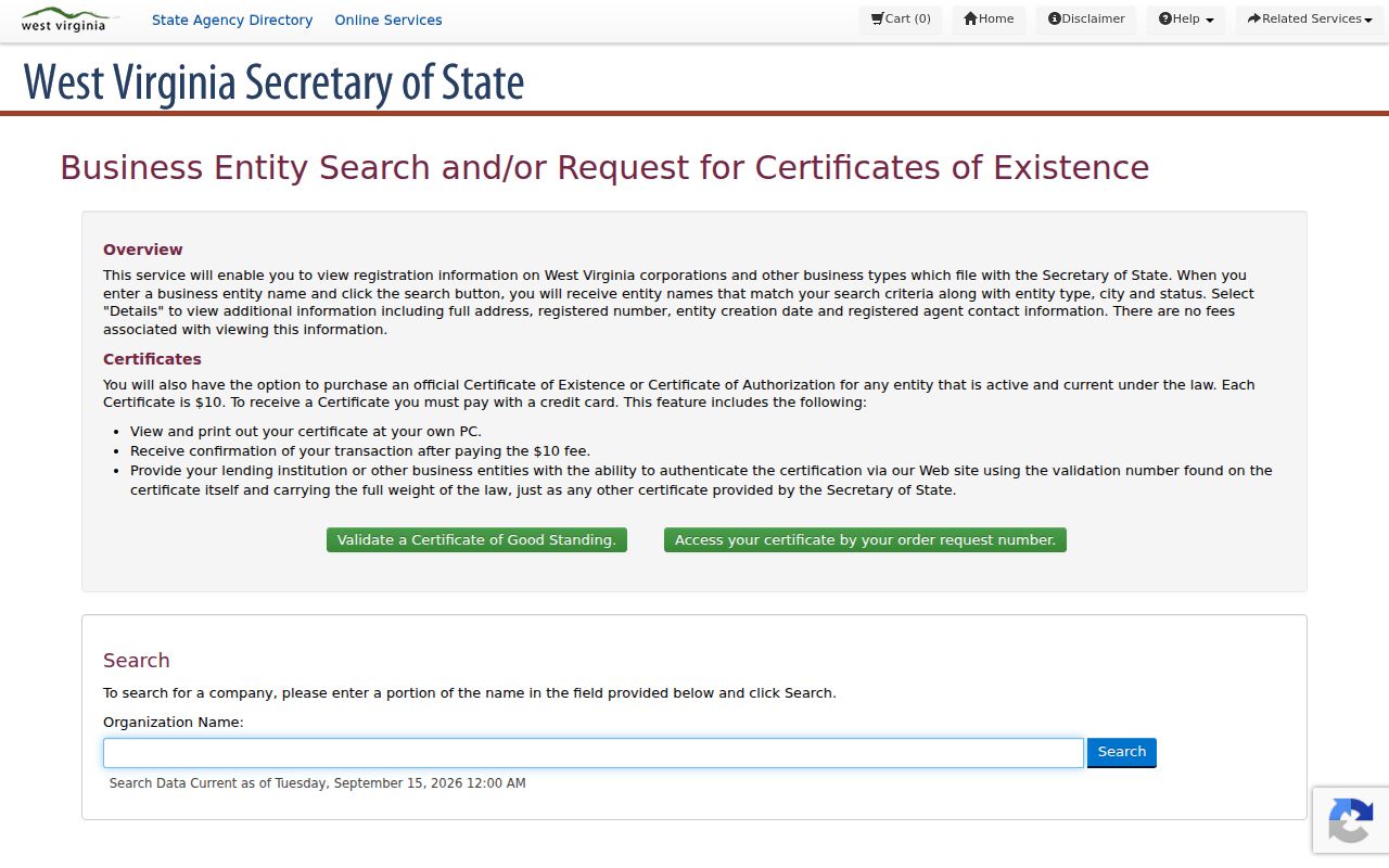 West Virginia Secretary of State business entity organization-name search page