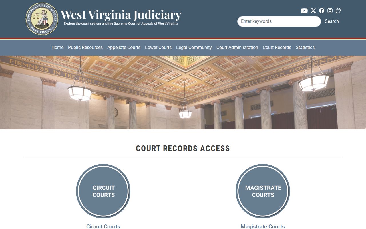 West Virginia court-record access page linking to statewide circuit and magistrate searches
