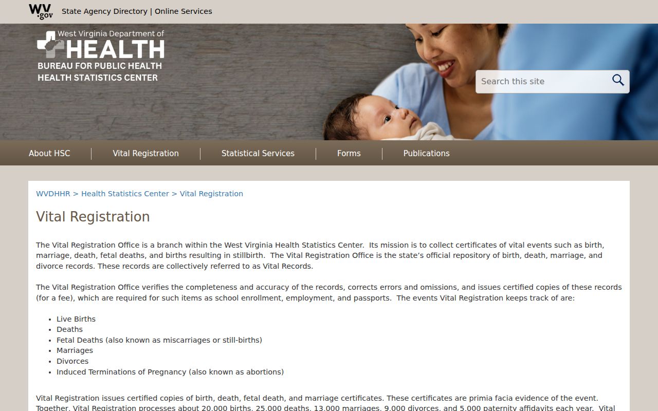 West Virginia Vital Registration page describing the state's vital-record repository and services