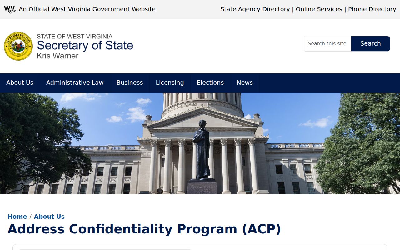 West Virginia Address Confidentiality Program page describing substitute address protection