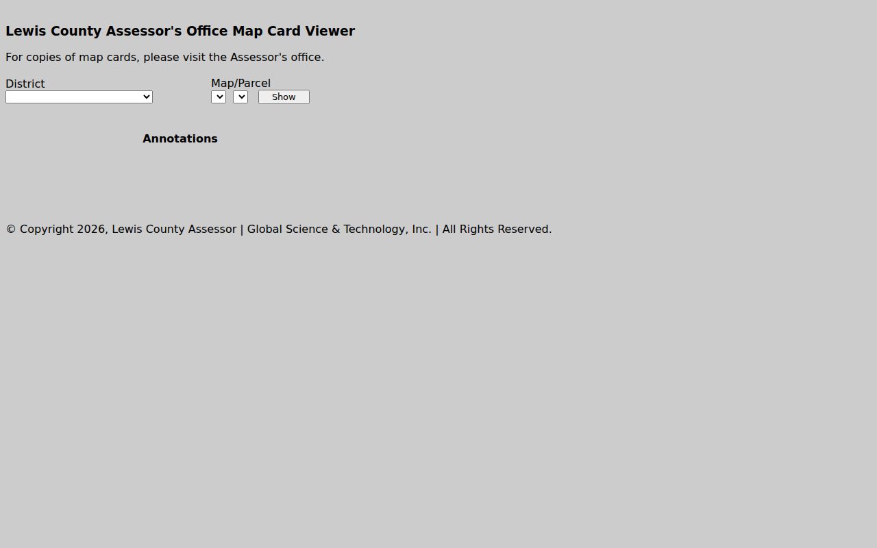 Lewis County Assessor map-card screen used to verify the parcel associated with an owner record