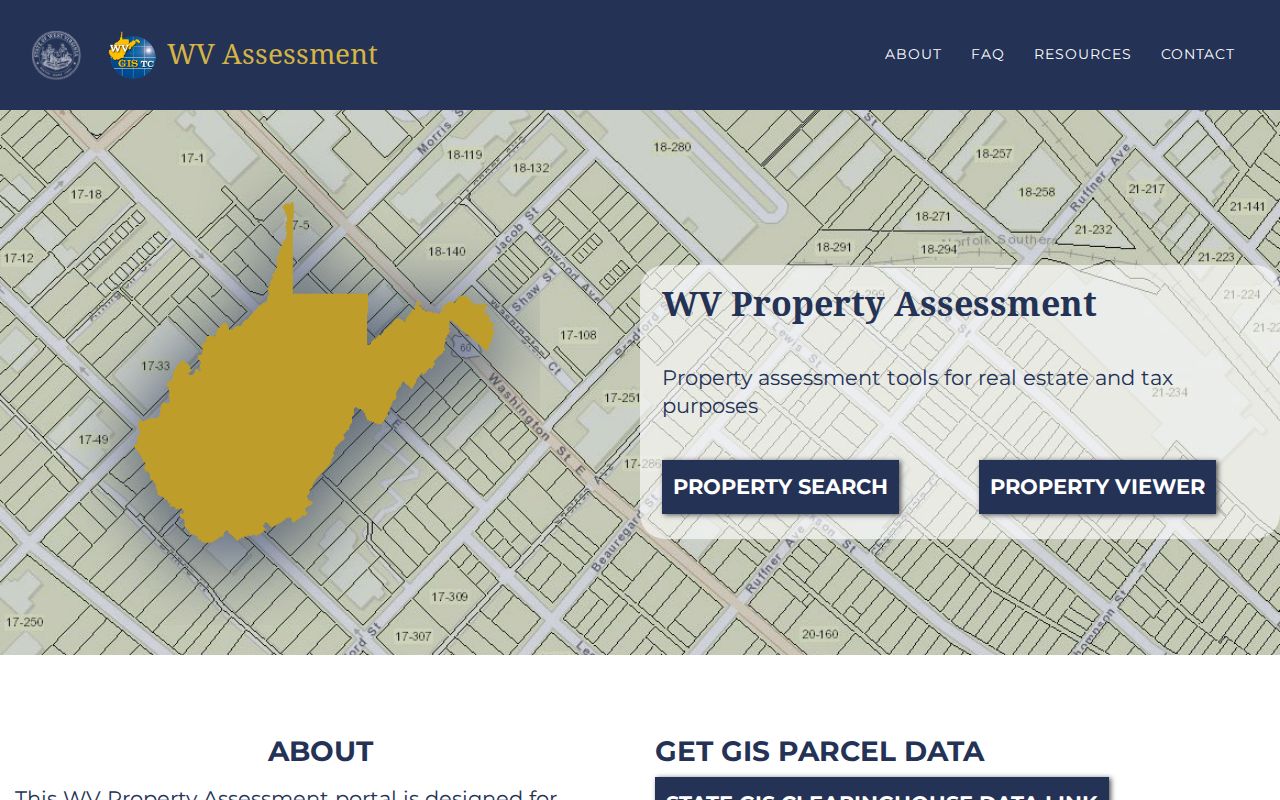 West Virginia Property Search and Viewer landing page used to begin a Lewis County parcel lookup